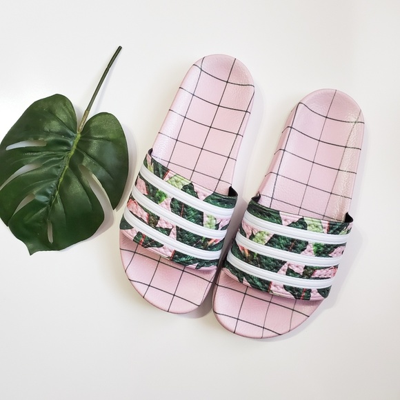 pink and green adidas slides